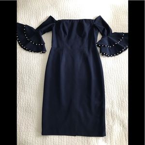 Pearl Bell Sleeve,navy tea length Dress. Worn once (dry cleaned)
